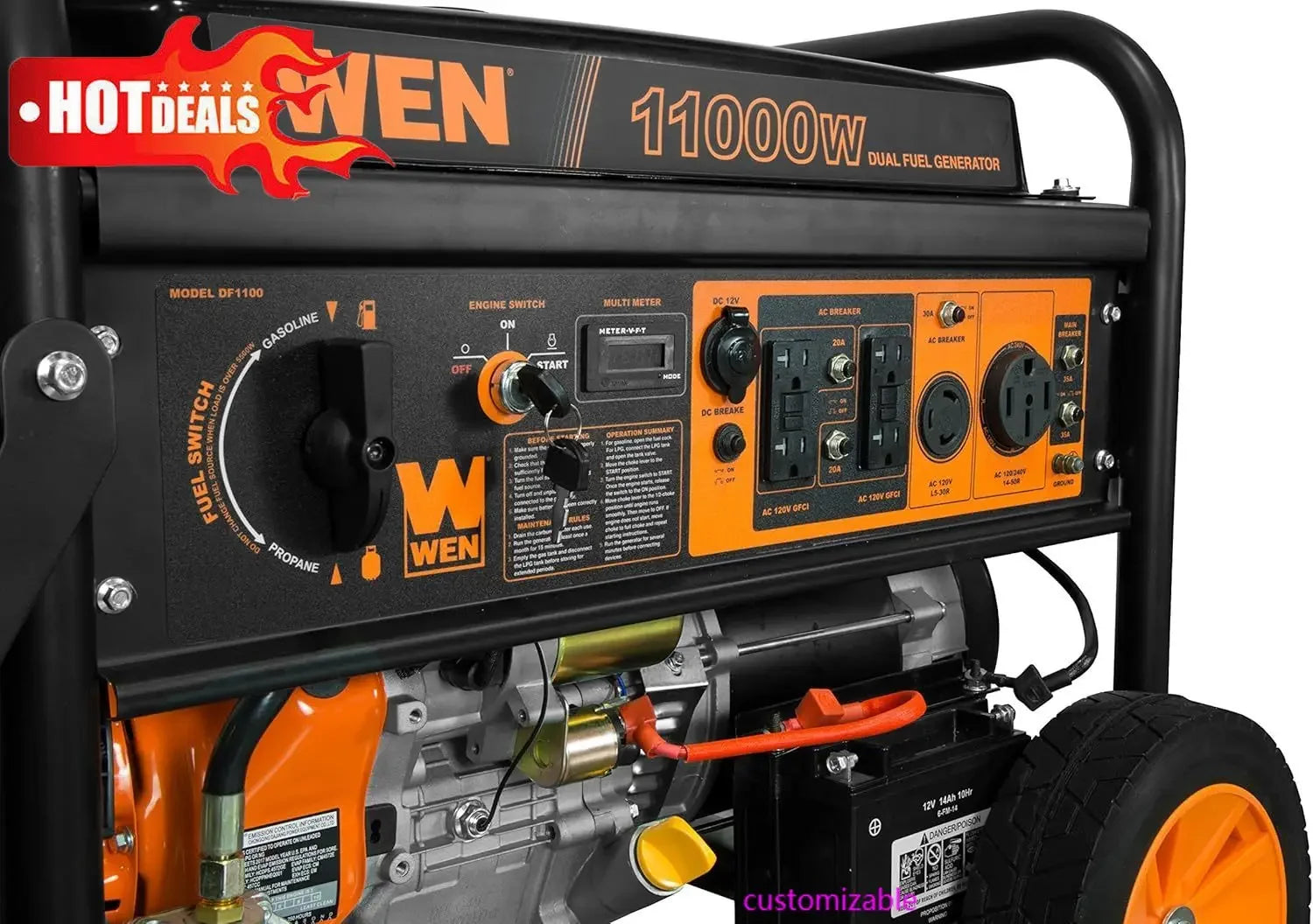 11,000-Watt 120V/240V Dual Fuel Portable Generator with Wheel Kit and Electric Start (DF1100T)