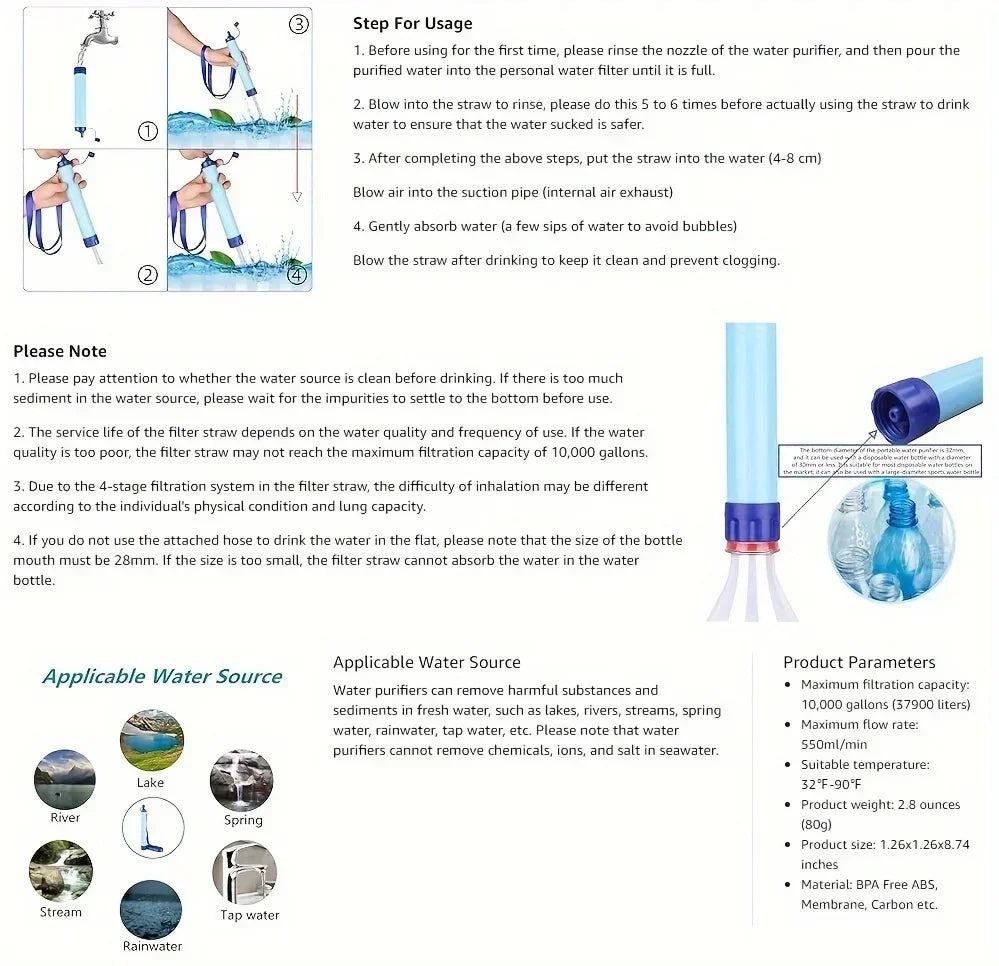 Portable Water Purifier Survival Straw - Clean Drinking Water Anywhere