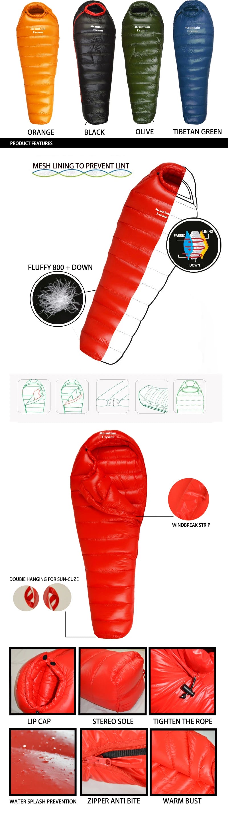 Adult Winter down Sleeping Bag Mummy Style Warm White Goose down for Comfortable Temperature Scale -10℃~-20℃ Nylon Fabric