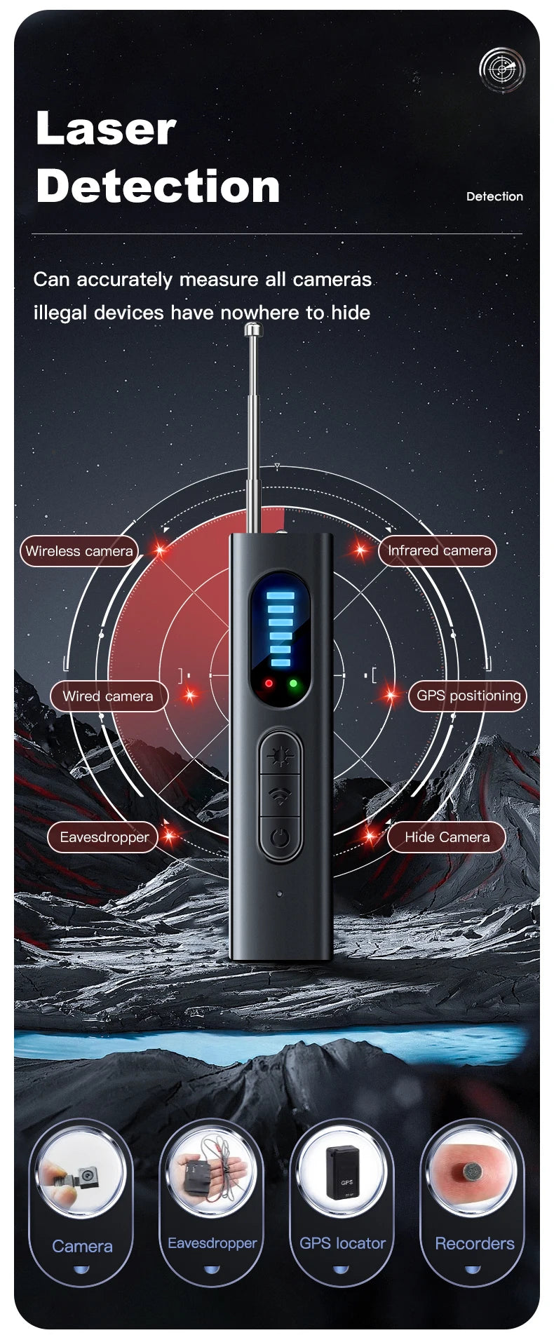 Anti-Spy Car GPS Tracker Hidden Camera Detector RF Wireless Signal Scanner Bug Detection Gadget for Security Protection