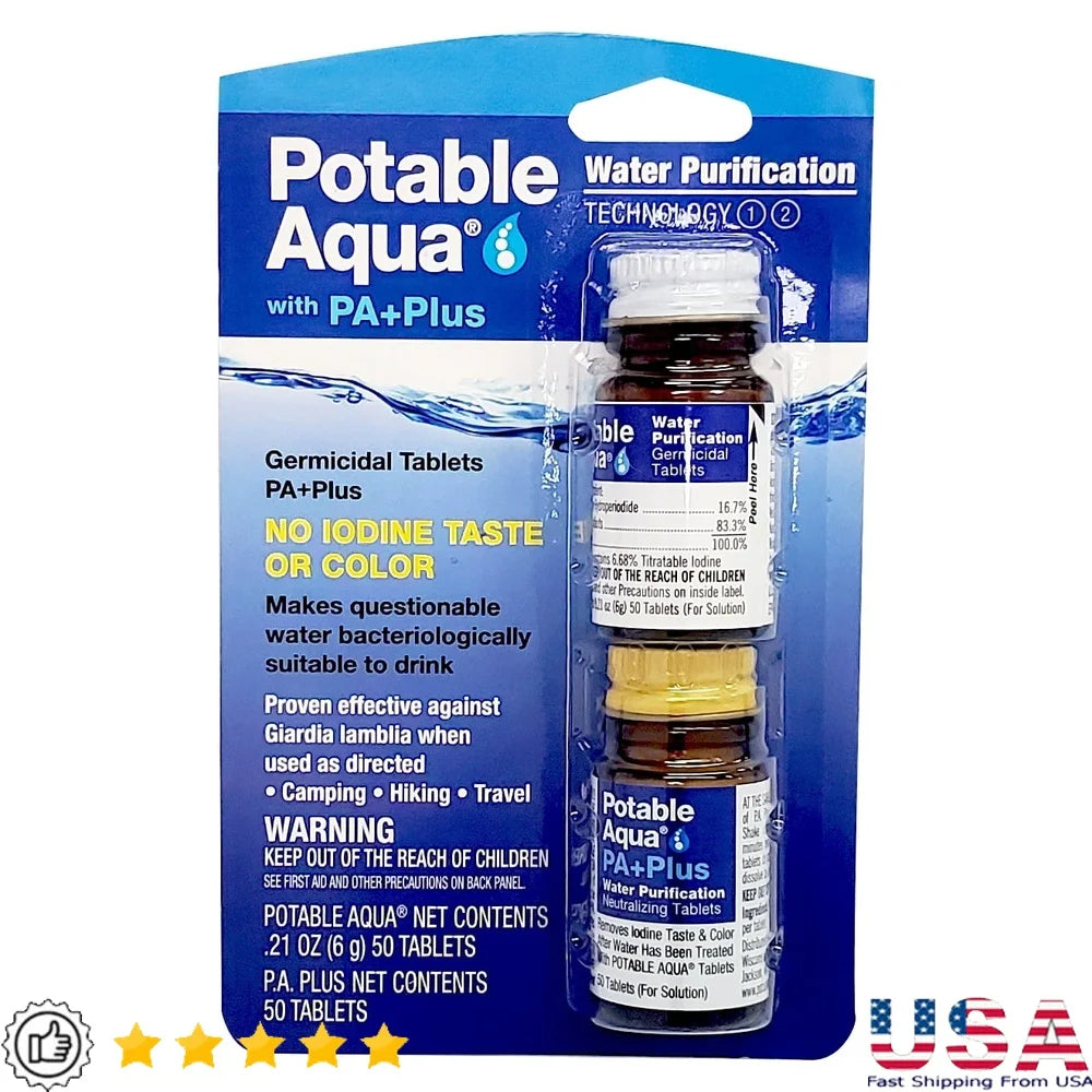 Water Purification Tablets 100 Count Two-Step Process Drinking Water Treatment Effective Against Bacteria Giardia Lightweight